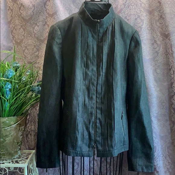 Akris Pleated Flax Linen Jacket High Collar Zip-Up Fully Lined Pleated Front